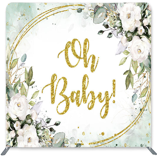 Lofaris White Floral Green Leaves Double-Sided Backdrop for Baby Shower