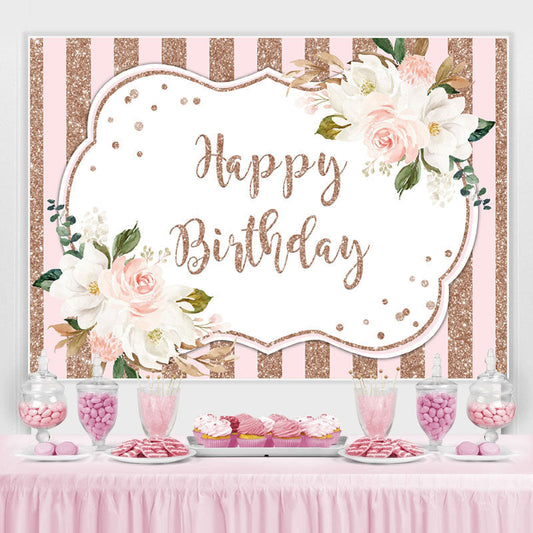 Lofaris White Floral Pink and Rose Gold Bokeh Birthday Backdrop