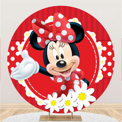 Lofaris White Floral Round Cartoon Mouse Red Birthday Backdrop