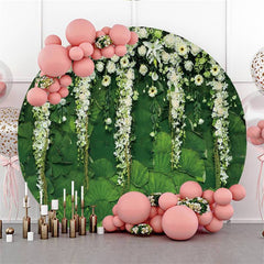 Lofaris White Floral With Green Leaves Wedding Round Backdrop