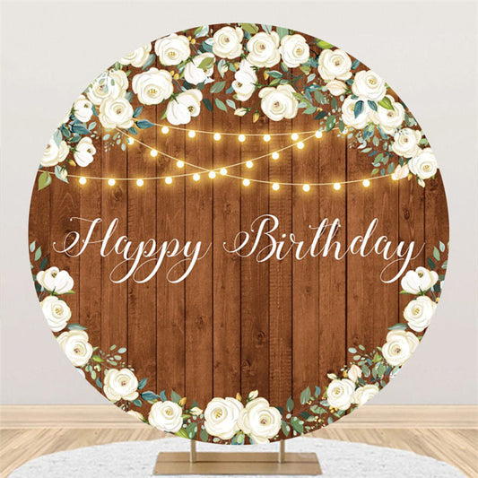 Lofaris White Flower Glitter Light Happy Birthday Round Backdrop
