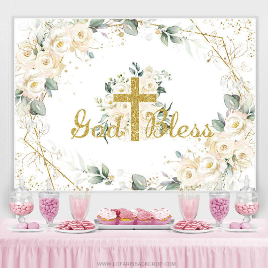 Lofaris White Flower Gold God Bless Happy Birthday Backdorp