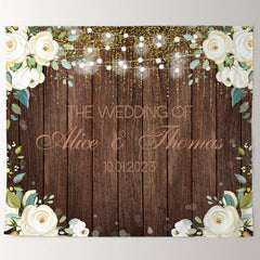 Lofaris White Flowers And Lights Wooden Themed Wedding Backdrop