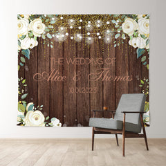 Lofaris White Flowers And Lights Wooden Themed Wedding Backdrop