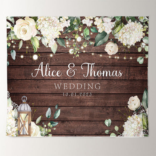 Lofaris White Flowers Candle Wooden Theme Wedding Backdrop