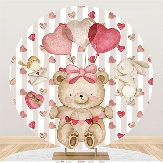 Lofaris White Grey Stripes Love Teddy Bear Wedding Round Backdrop