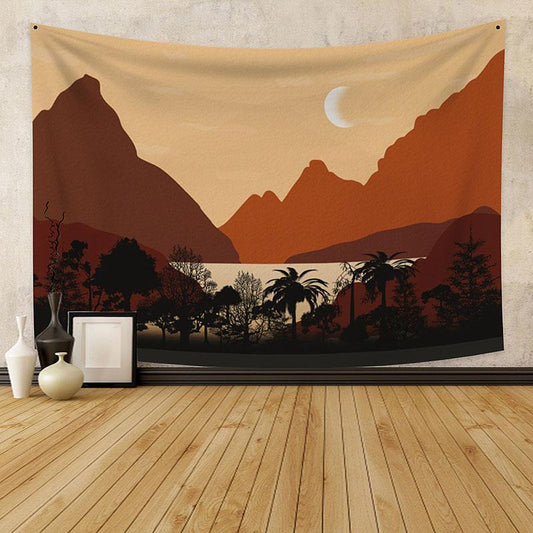 Lofaris White Moon Mountain Forest Landscape Wall Tapestry