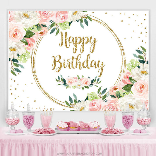 Lofaris White Pink Floral Glitter Happy Birthday Backdrop Banner