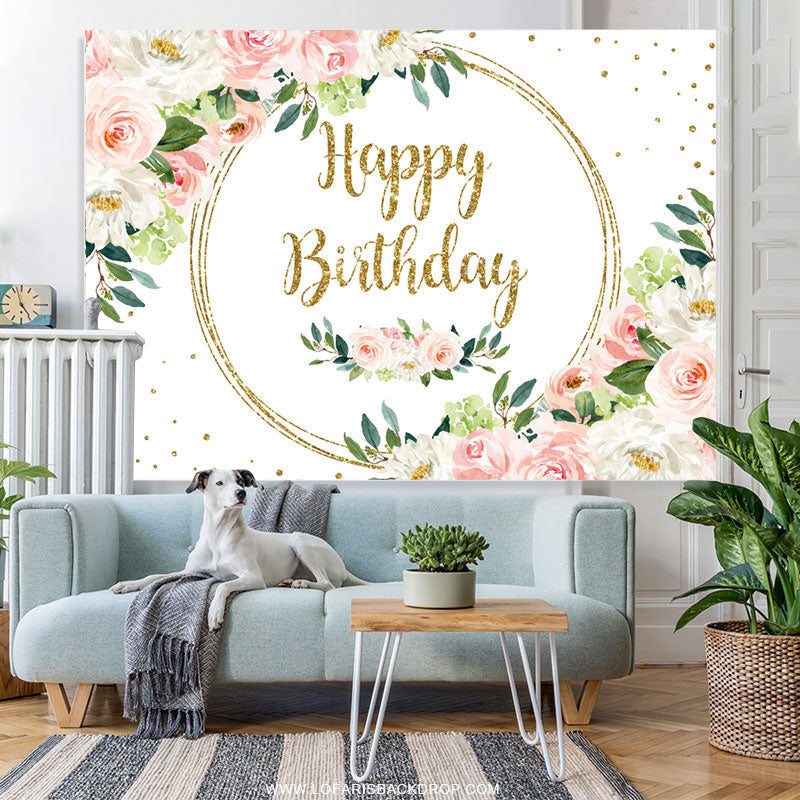 Lofaris White Pink Floral Glitter Happy Birthday Backdrop Banner