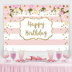 Lofaris White-Pink Stripes And Flower Happy Birthday Backdrop