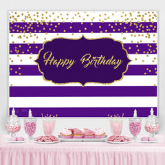 Lofaris White-Purple Stripes And Gold Happy Birthday Backdrop