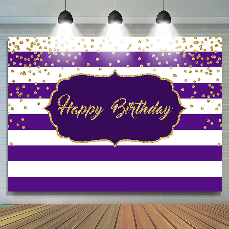 Lofaris White-Purple Stripes And Gold Happy Birthday Backdrop