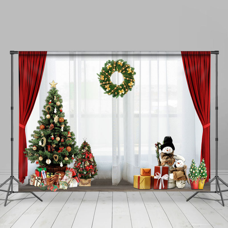 Lofaris White Red Curtain Window Snowman Christmas Backdrop