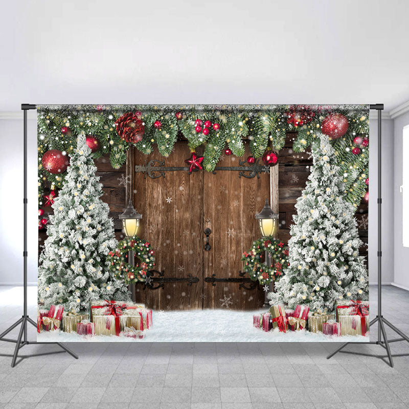 Lofaris White Snow Chrismas Tree And Brown Wood Door Backdrop