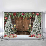 Load image into Gallery viewer, Lofaris White Snow Chrismas Tree And Brown Wood Door Backdrop