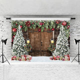 Load image into Gallery viewer, Lofaris White Snow Chrismas Tree And Brown Wood Door Backdrop