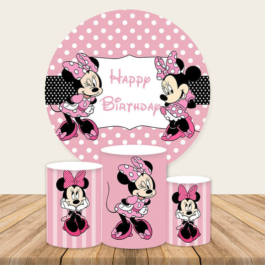 Lofaris White Spot Round Pink Mouse Happy Birthday Backdrop Kit