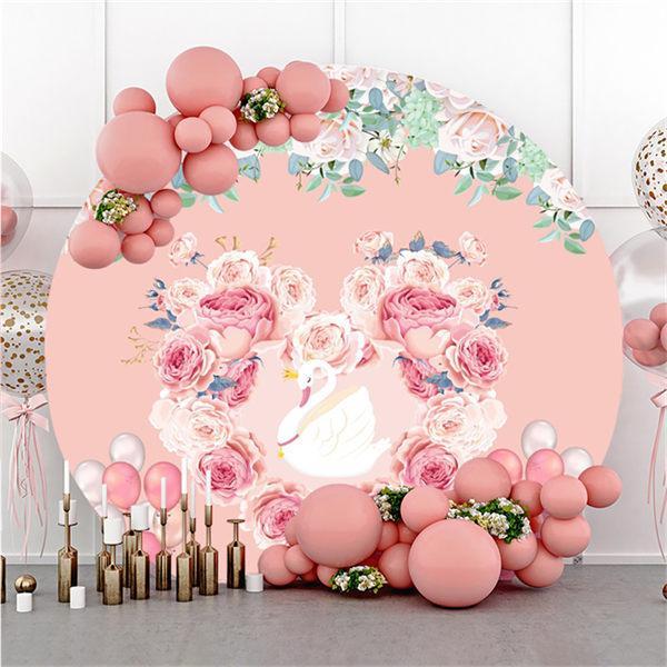 Lofaris White Swan And Pink Floral Round Baby Shower Backdrop