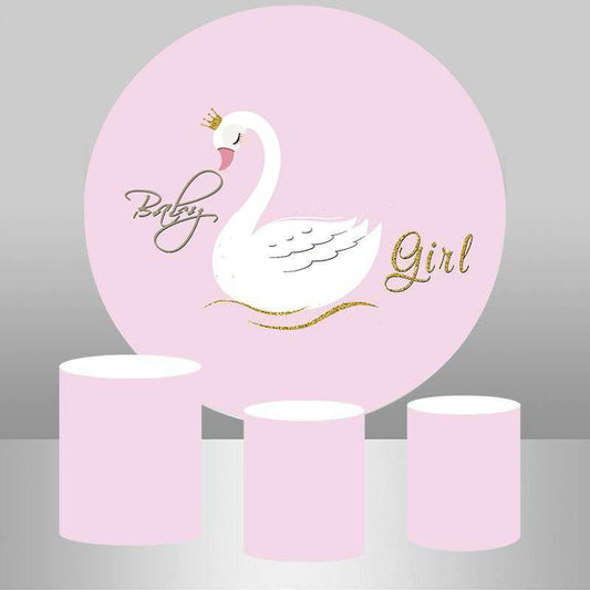 Lofaris White Swan And Pink Girls Round Baby Shower Backdrop