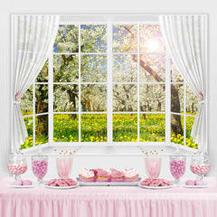 Lofaris White Window And Curtain Floral Tree Spring Backdrop