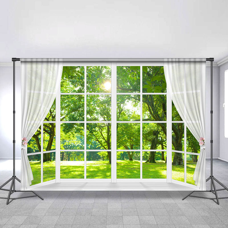 Lofaris White Window And Green Trees With Sunshine Backdrop