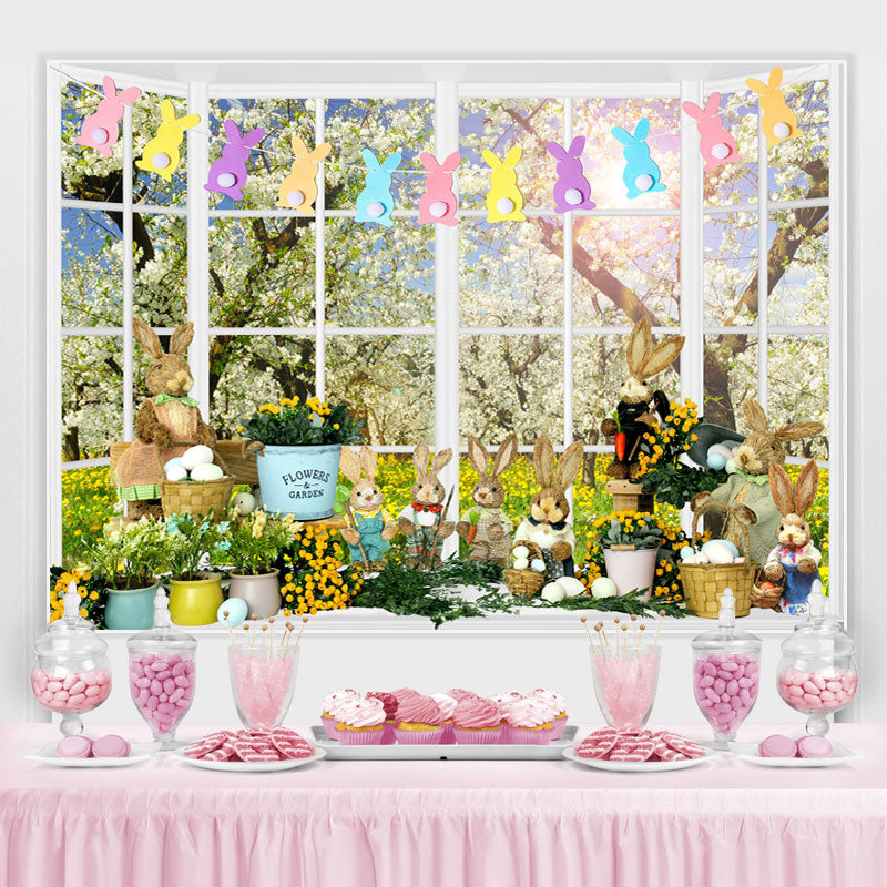 Lofaris White Window Floral Rabbits Happy Easter Day Backdrop