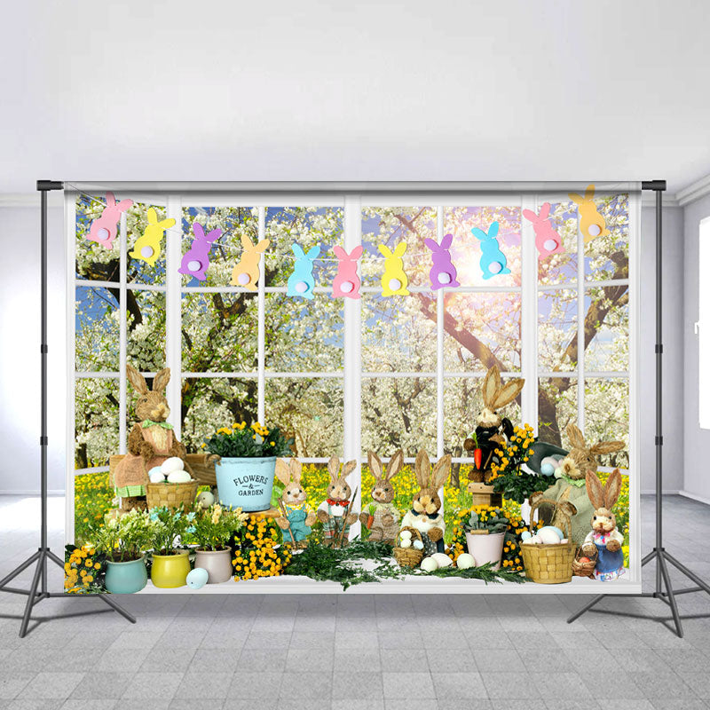 Lofaris White Window Floral Rabbits Happy Easter Day Backdrop