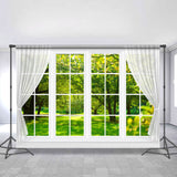 Load image into Gallery viewer, Lofaris White Window With Green Forest Outside Spring Backdrop