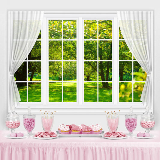 Lofaris White Window With Green Forest Outside Spring Backdrop