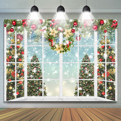 Lofaris White Window With Snowy Christmas Tree Holiday Backdrop