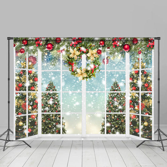 Lofaris White Window With Snowy Christmas Tree Holiday Backdrop