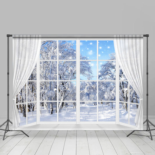 Lofaris White Winter Curtain And Window Snowy Scene Backdrop