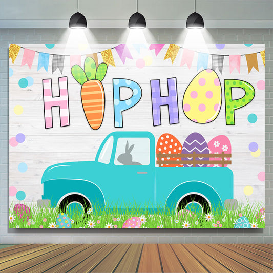 Lofaris White Wooden Car Colored flag Happy Birthday Backdrop