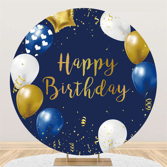 Lofaris White Yellow Balloons Navy Happy Birthday Round Backdrop