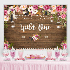 Lofaris Wild one Pink and White Floral Wooden Birthday Backdrop
