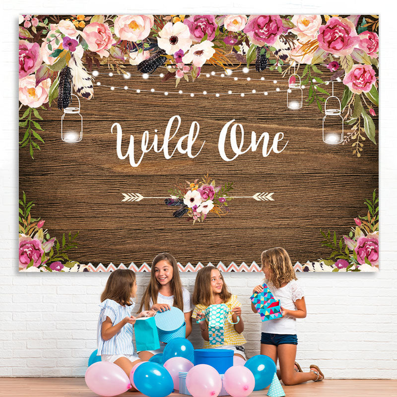 Lofaris Wild one Pink and White Floral Wooden Birthday Backdrop