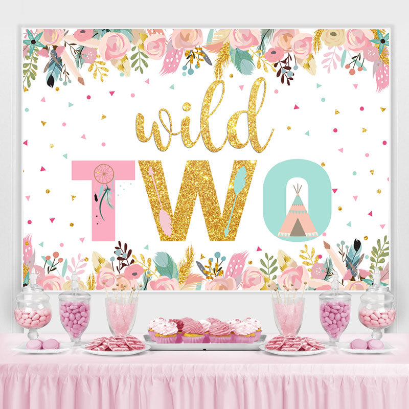 Lofaris Wild Two Gold Pink Floral Birthday Backdrop for Girl