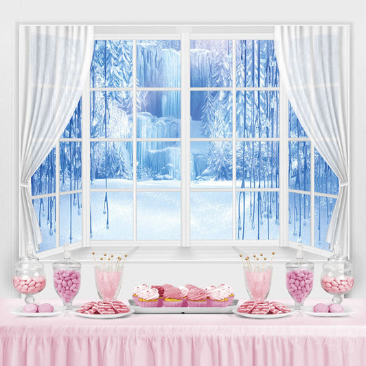 Lofaris Winter Curtain Window Blue Ice Scene Photo Backdrop