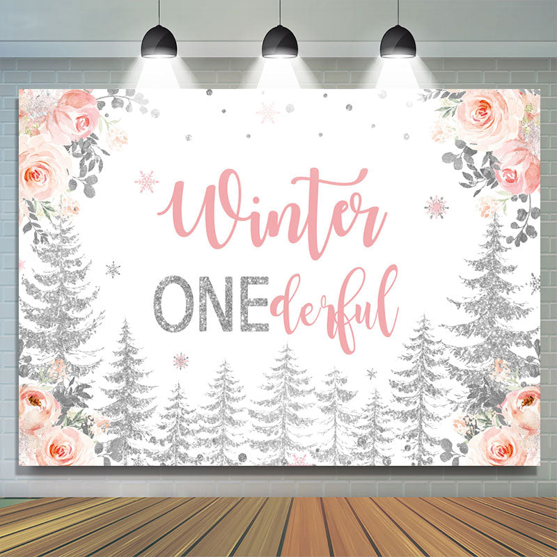 Lofaris Winter Onederful Roses Silver forest Birthday Backdrop