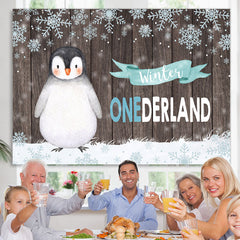 Lofaris Winter Onederland Penguin Snowflake Wood Backdrop for Birthday