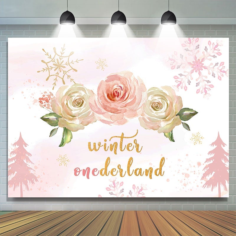 Lofaris Winter onederland Pink roses snow Birthday Backdrop