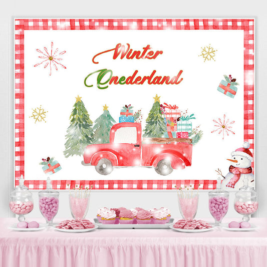 Lofaris Winter Onederland Red Truck Snowman Birthday Backdrop