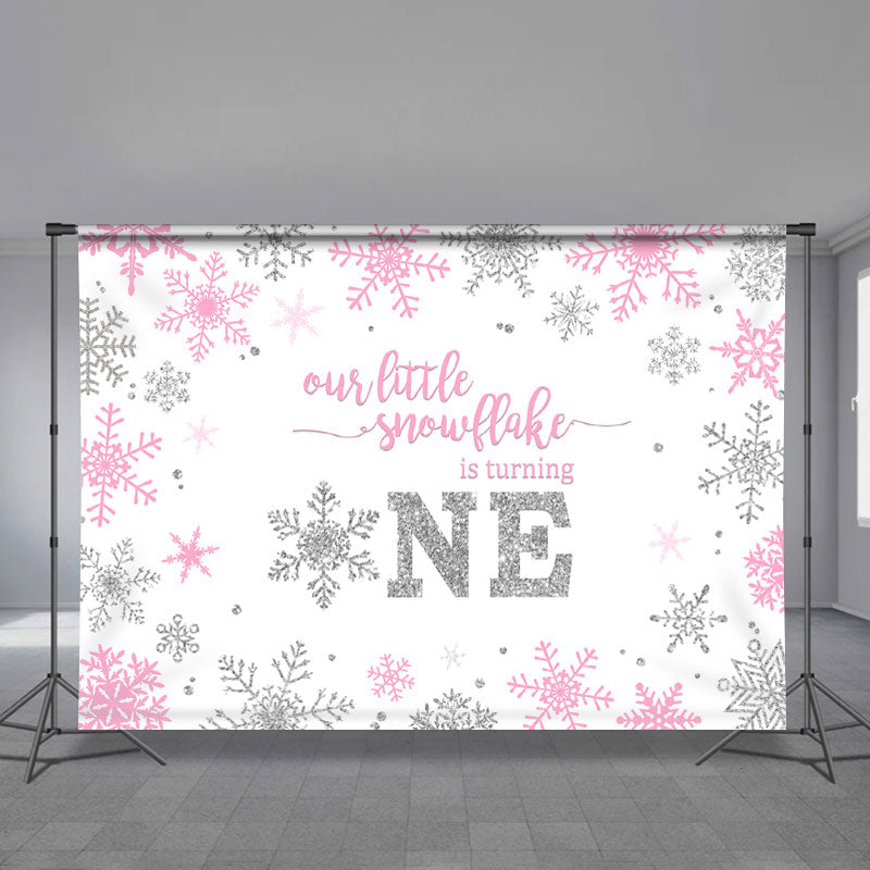 Lofaris Winter Pink Silver Onederland Snowflake Backdrop for Newborn Party