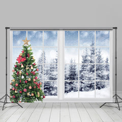 Lofaris Winter Snow Pines With Chrismas Tree Window Backdrop