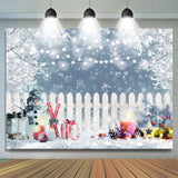 Load image into Gallery viewer, Lofaris Winter Snowman Gift Fence White Lights Bokeh Backdrop