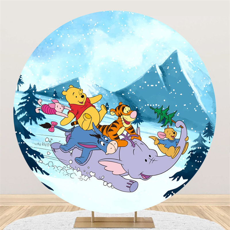 Lofaris Winter Snowmountain Round Cartoon Birthday Backdrop