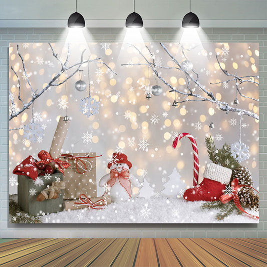 Lofaris Winter Tree Snowflake Gift Snowman Gold Bokeh Backdrop for Christmas