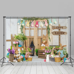 Lofaris Wood Cabin Cute Rabbit Flower Easter Party Backdrop