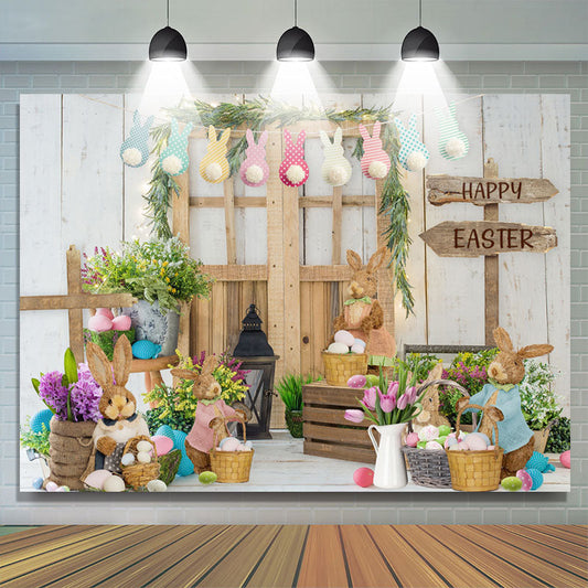 Lofaris Wood Cabin Cute Rabbit Flower Easter Party Backdrop