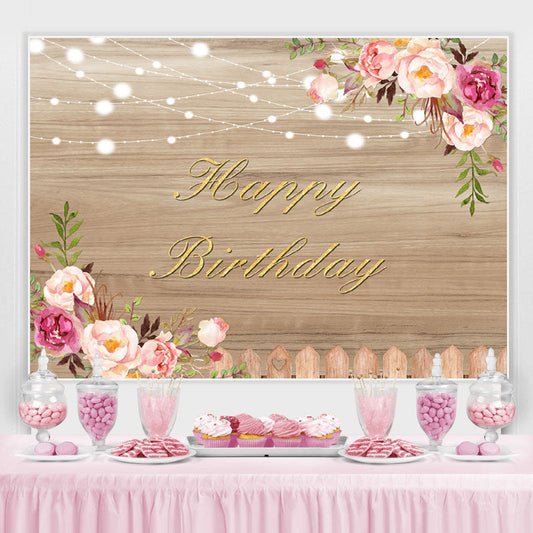 Lofaris Wood Pink Floral and Lights Happy Birthday Backdrop